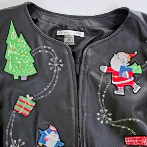Peter Nygard Womens 3X Black Leather Christmas Jacket Santa Snowman Sequin Zip
